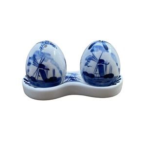 Vintage Delft Blue Porcelain Salt & Pepper Shakers Windmills with Underplate 60s